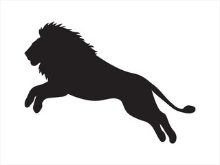 Jumping Lion Silhouette, Powerful black lion roaring and leaping with open mouth and mane vector illustration