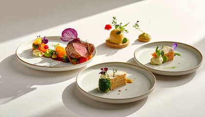Delicious gourmet dishes on elegant plates in modern kitchen setting