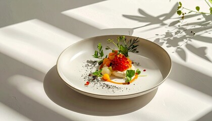 Elegant dish with caviar and microgreens on white plate