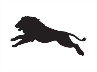 Jumping Lion Silhouette, Powerful black lion roaring and leaping with open mouth and mane vector illustration