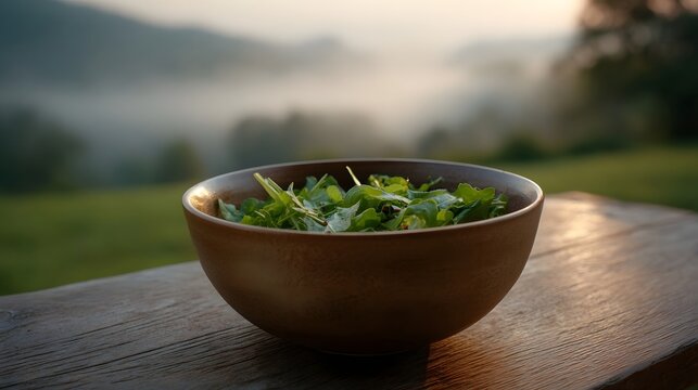 A bowl of fresh salad sits on a rustic wooden table at dawn with a misty landscape in the background