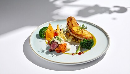 Delicious gourmet dish with seafood and vegetables on plate