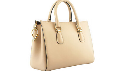 Elegant Beige Leather Women's Handbag with Gold Hardware Isolated on White Background