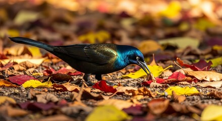 Grackle perched on a branch with glossy black feathers and piercing yellow eyes. An intelligent passerine bird commonly found in urban and wetland environments.
