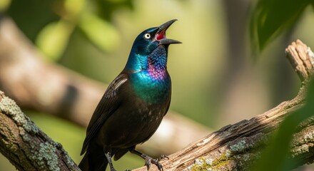 Grackle perched on a branch with glossy black feathers and piercing yellow eyes. An intelligent passerine bird commonly found in urban and wetland environments.