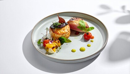 Gourmet dish with pan-seared scallops and fresh vegetables on plate