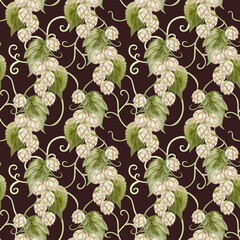 Botanical hops vine branch with cone flowers watercolor seamless pattern on dark brown. Realistic garden liana in pastel colors. Green garden climbing plant repeat background