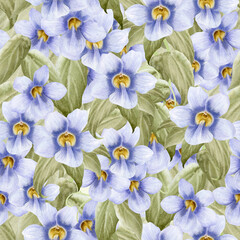 Purple garden vine flowers watercolor seamless pattern. Pastel violet floral liana plant hand drawn repeat background of blue clockvine trumpet. Botanical floral art of tropical nature