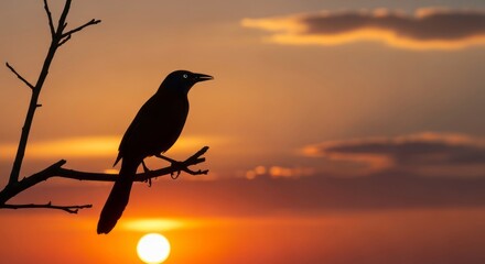 Grackle perched on a branch with glossy black feathers and piercing yellow eyes. An intelligent passerine bird commonly found in urban and wetland environments.