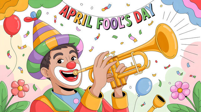 Vibrant clown celebrating april fool s day with trumpet