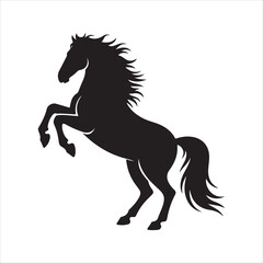 A rearing horse silhouette, A black silhouette of a horse rearing up on its hind legs, mane and tail flowing dramatically. 