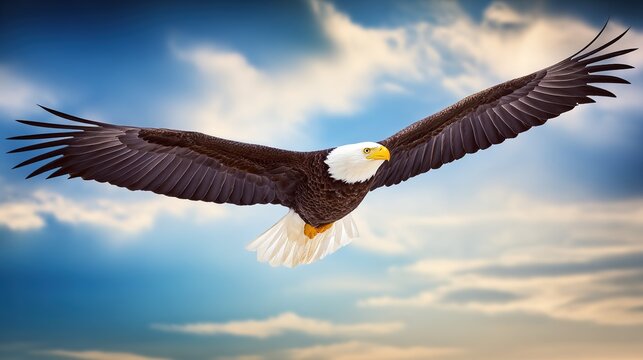  Eagle in flight against a sky background with its wings spread wide. wildlife magazines, conservation campaigns, designed for eco-tourism storytelling, used by financial analysts.