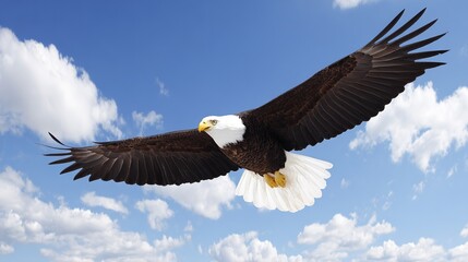 Naklejka premium Eagle in flight against a sky background with its wings spread wide. wildlife magazines, conservation campaigns, designed for eco-tourism storytelling, used by financial analysts.