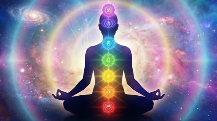 Meditating silhouette aligning seven chakras in glowing cosmic nebula background © dimensdesign
