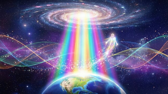 Rainbow lightbody ascending from Earth into radiant galactic vortex