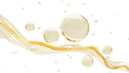 Yellow transparent wave with argan oil bubbles. Liquid cosmetic skin care 3d background. Golden hyaluron gel texture, moisture cream drops, honey face serum with collagen render