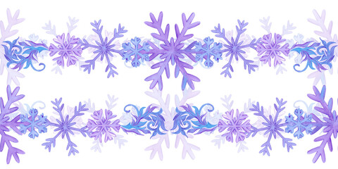 Hand drawn watercolor blue and lilac snowflakes with confetti seamless frame border Illustration isolated on white background. Can be used for postcard, invitation textile and other printed products
