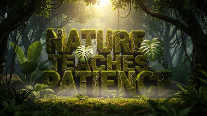 Mossy forest scene with inspirational quote Nature Teaches Patience