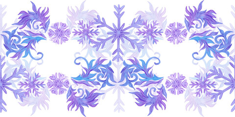 Hand drawn watercolor blue and lilac snowflakes with confetti seamless frame border Illustration isolated on white background. Can be used for postcard, invitation textile and other printed products