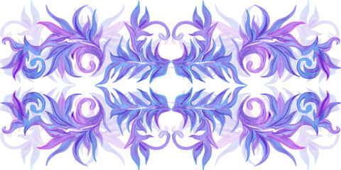 Hand drawn watercolor blue and lilac frost pattern seamless frame border. Winter Illustration isolated on white background. Can be used for postcard, textile and other printed products