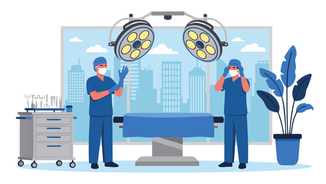 Two surgeons preparing for an operation in a modern operating room with city view background.