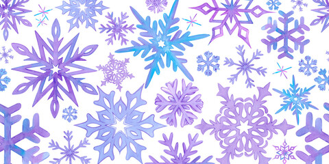 Hand drawn watercolor blue and lilac snowflakes with confetti seamless frame border Illustration isolated on white background. Can be used for postcard, invitation textile and other printed products