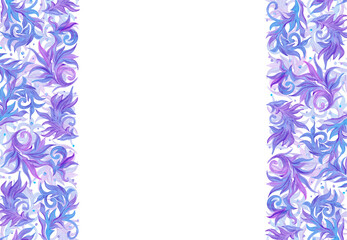 Hand drawn watercolor blue and lilac frost pattern and confetti frame border. Winter Illustration isolated on white background. Can be used for postcard, invitation and other printed products