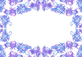 Hand drawn watercolor blue and lilac frost pattern and confetti frame border. Winter Illustration isolated on white background. Can be used for postcard, invitation and other printed products