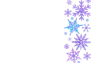 Hand drawn watercolor lilac purple and blue snowflakes with confetti frame border. Winter Illustration isolated on white background. Can be used for postcard, invitation and other printed products