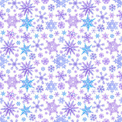 Hand drawn watercolor blue and lilac snowflakes seamless pattern. Winter Illustration isolated on white background. Can be used for textile, fabric wrapping and other printed products