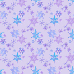 Hand drawn watercolor blue and lilac snowflakes seamless pattern. Winter Illustration isolated on lilac background. Can be used for textile, fabric wrapping and other printed products