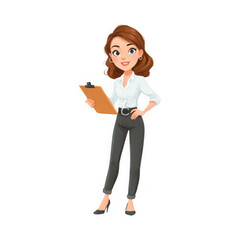 A confident and professional cartoon woman holding a clipboard, ready for business tasks and management.