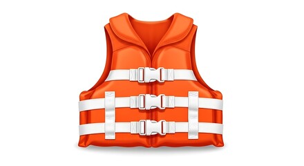 A vibrant, orange personal flotation device is depicted, featuring white straps with buckles. It's a lifesaver