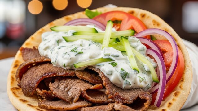 Fototapeta Delicious Gyro with Meat and Tzatziki Sauce.