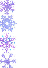 Hand drawn watercolor lilac and blue snowflakes and confetti postcard frame border. Winter Illustration isolated on white background. Can be used for postcard, invitation and other printed products