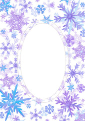 Hand drawn watercolor lilac and blue snowflakes postcard frame border. Winter Illustration isolated on white background. Can be used for postcard, invitation and other printed products