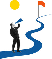 Bright design of businessman shouting through megaphone toward flag on winding road on transparent...