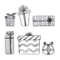 Hand drawn black coal pencil graphic drawing of presents boxes isolated on white background. Can be used for cards, label and other printed products