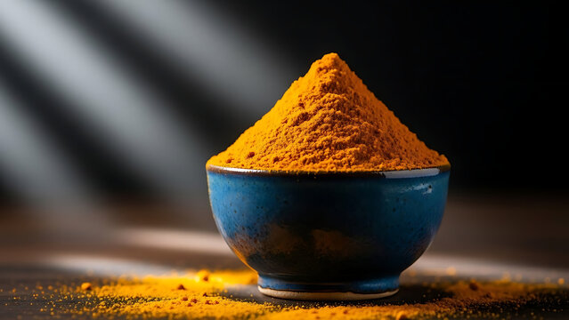 A small blue bowl overfilled with vibrant yellow turmeric powder