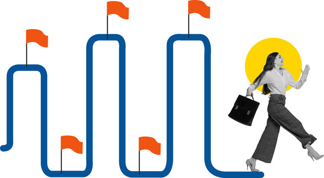 Creative artwork of businesswoman leaping across checkpoints with red flags on curvy line on transparent background. Concept of goal tracking, career steps, financial planning, coaching, presentations