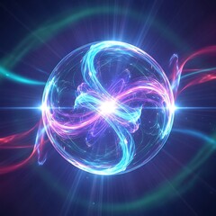 A vibrant orb bursts with energy. Twisted, glowing lines of blue, purple, and red swirl inside and around it against a dark background