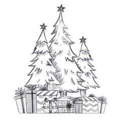 Hand drawn black charcoal pencil graphic drawing of fir trees and presents isolated on white background. Can be used for cards, label scrapbook and other printed products
