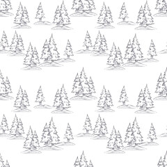 Hand drawn black charcoal pencil graphic drawing of fir trees seamless pattern isolated on white background. Can be used for textile, fabric and other printed products