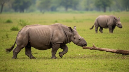 Fototapeta premium Two Rhinoceros Walking in Green Field.