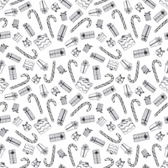 Hand drawn black charcoal pencil graphic drawing of presents boxes and candy cane seamless pattern isolated on white background. Can be used for textile, fabric and other printed products