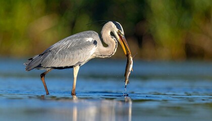 A grey heron stands in blue water holding a dripping fish in its long yellow beak