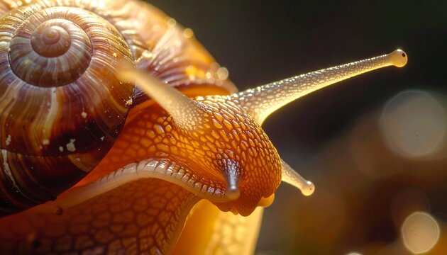 A closeup backlit view of a garden snail showing its textured orange skin translucent eyestalks and brown spiral shell