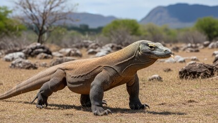 Obraz premium Komodo Dragon Standing in Dry Landscape.