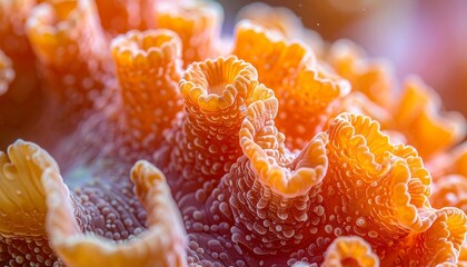 A macro view of vibrant orange coral polyps Their tubular structures feature bumpy textures and delicately ruffled cuplike rims