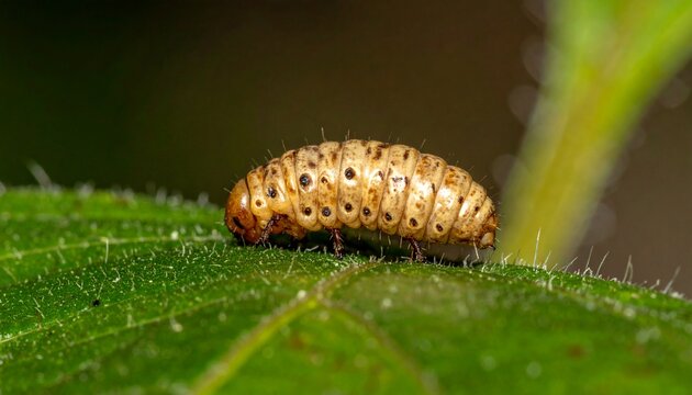 A macro shot of a light brown segmented caterpillar with dark spots crawling on a fuzzy green leaf against a dark background